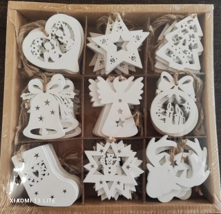 Drevené ozdoby vianočné v krabici 54ks, biele